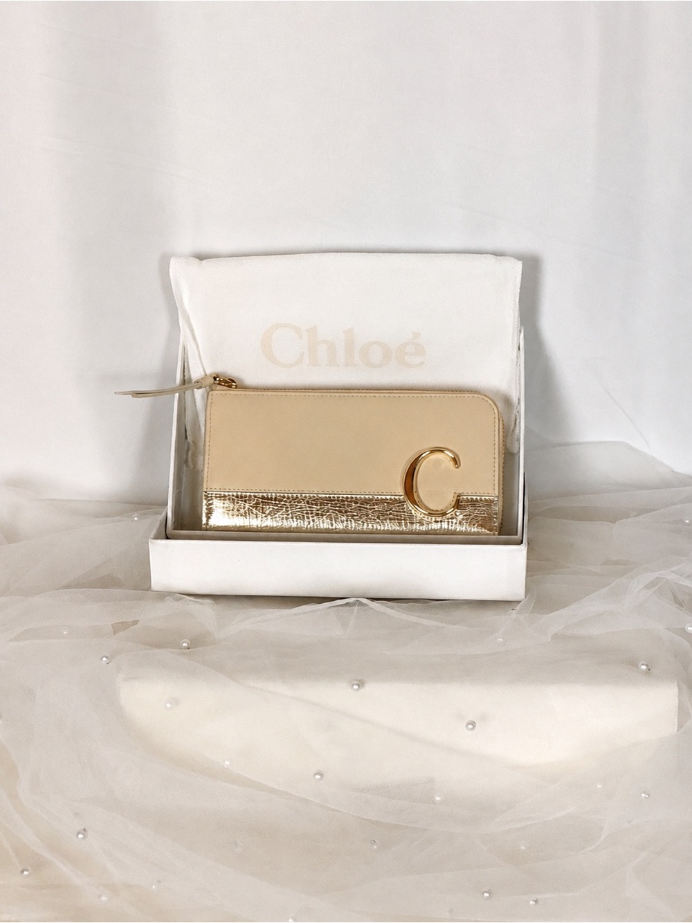 Chloé C Long Zip Wallet Beige Gold Metallic Leather NWT